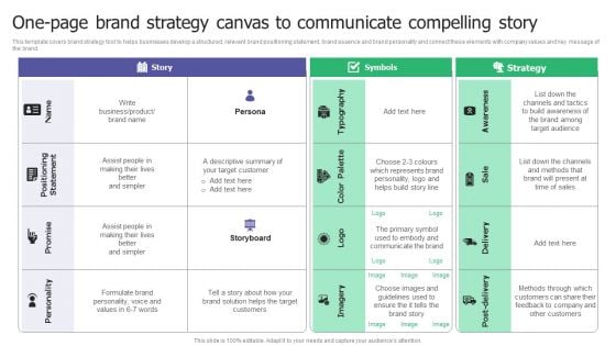 One Page Brand Strategy Canvas To Communicate Compelling Story Ppt File Diagrams PDF One Page Brand Strategy Canvas To Communicate Compelling Story Ppt File Diagrams PDF