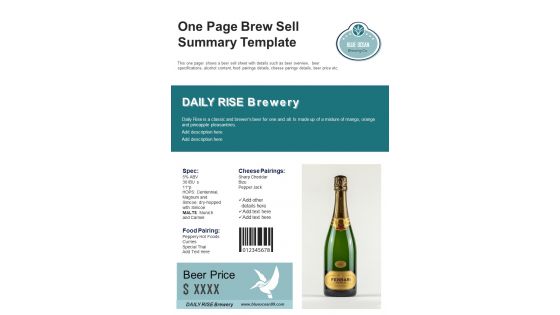 One Page Brew Sell Summary Template PDF Document PPT Template