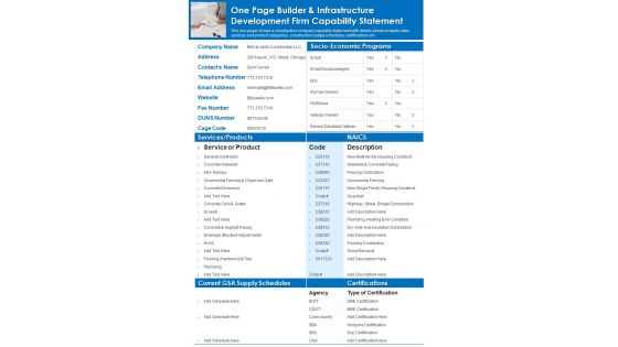 One Page Builder And Infrastructure Development Firm Capability Statement PDF Document PPT Template