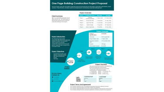 One Page Building Construction Project Proposal PDF Document PPT Template