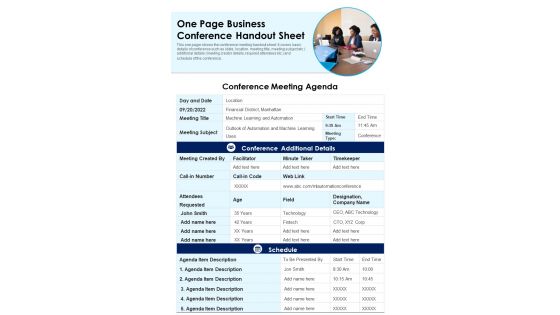 One Page Business Conference Handout Sheet PDF Document PPT Template