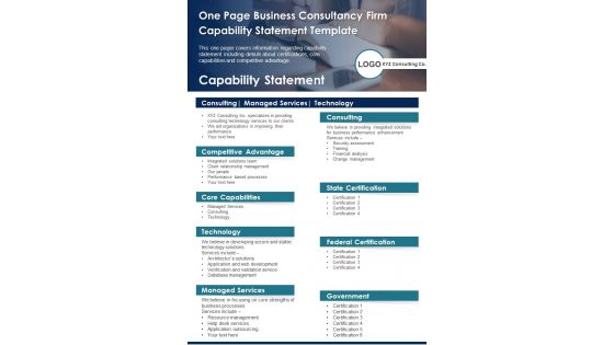 One Page Business Consultancy Firm Capability Statement Template PDF Document PPT Template One Page Business Consultancy Firm Capability Statement Template PDF Document PPT Template