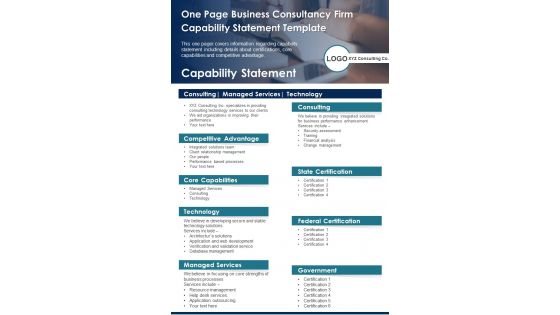 One Page Business Consultancy Firm Capability Statement Template PDF Document PPT Template