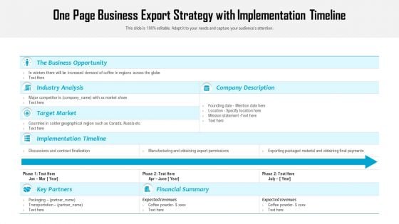 One Page Business Export Strategy With Implementation Timeline Ppt PowerPoint Presentation Infographic Template Example Introduction PDF One Page Business Export Strategy With Implementation Timeline Ppt PowerPoint Presentation Infographic Template Example Introduction PDF
