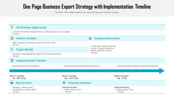 One Page Business Export Strategy With Implementation Timeline Ppt PowerPoint Presentation Infographic Template Example Introduction PDF