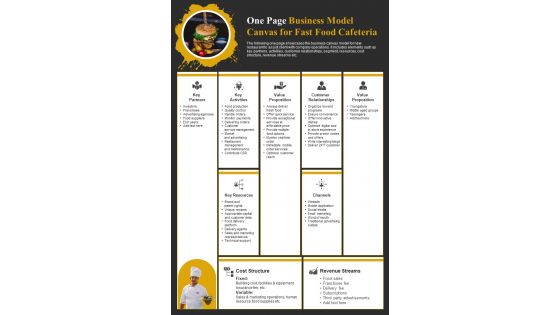 One Page Business Model Canvas For Fast Food Cafeteria PDF Document PPT Template