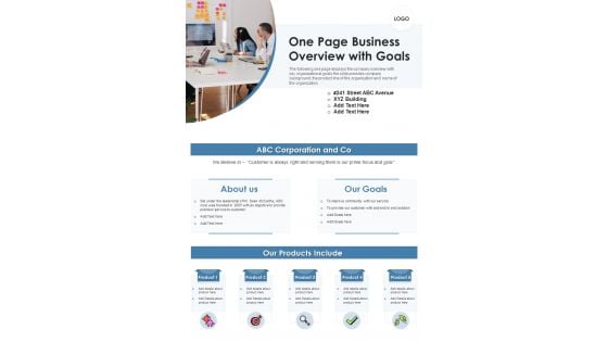 One Page Business Overview With Goals PDF Document PPT Template