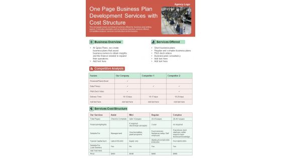 One Page Business Plan Development Services With Cost Structure PDF Document PPT Template