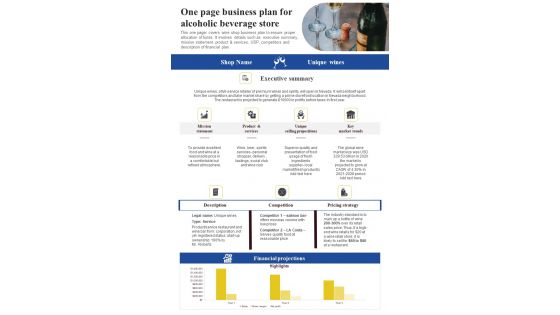 One Page Business Plan For Alcoholic Beverage Store PDF Document PPT Template