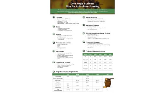 One Page Business Plan For Apiculture Farming PDF Document PPT Template