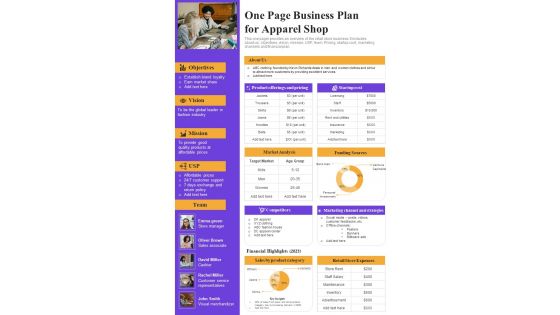 One Page Business Plan For Apparel Shop PDF Document PPT Template