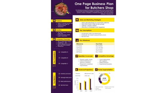 One Page Business Plan For Butchers Shop PDF Document PPT Template