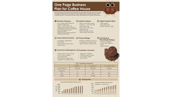 One Page Business Plan For Coffee House PDF Document PPT Template
