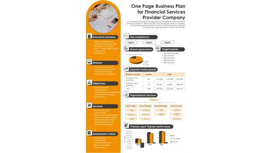 One Page Business Plan For Financial Services Provider Company PDF Document PPT Template