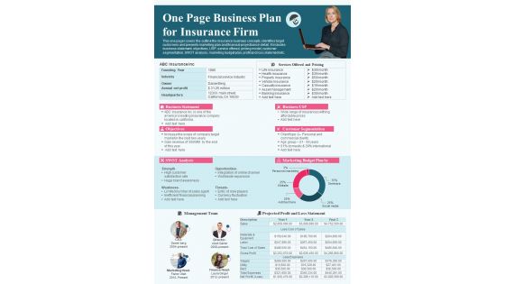 One Page Business Plan For Insurance Firm PDF Document PPT Template