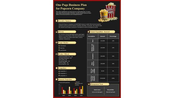 One Page Business Plan For Popcorn Company PDF Document PPT Template