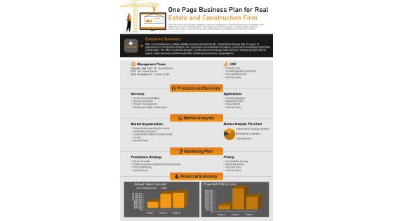 One Page Business Plan For Real Estate And Construction Firm PDF Document PPT Template