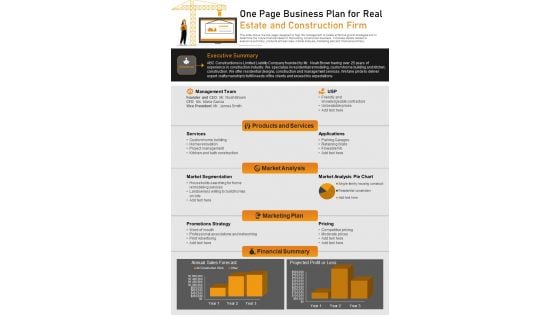 One Page Business Plan For Real Estate And Construction Firm PDF Document PPT Template