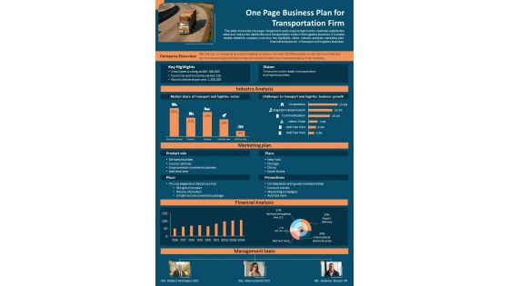 One Page Business Plan For Transportation Firm PDF Document PPT Template