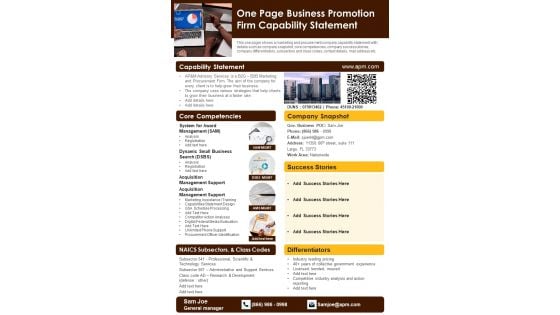 One Page Business Promotion Firm Capability Statement PDF Document PPT Template One Page Business Promotion Firm Capability Statement PDF Document PPT Template