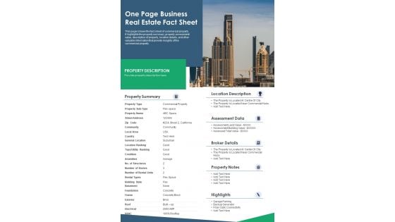 One Page Business Real Estate Fact Sheet PDF Document PPT Template