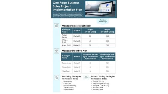 One Page Business Sales Project Implementation Plan PDF Document PPT Template