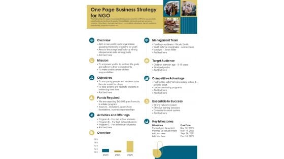 One Page Business Strategy For NGO PDF Document PPT Template