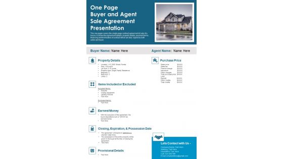 One Page Buyer And Agent Sale Agreement Presentation PDF Document PPT Template