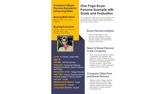 One Page Buyer Persona Example With Goals And Evaluation PDF Document PPT Template