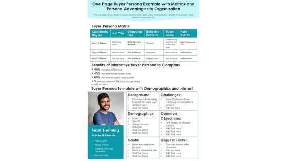 One Page Buyer Persona Example With Metrics And Persona Advantages To Organization PDF Document PPT Template One Page Buyer Persona Example With Metrics And Persona Advantages To Organization PDF Document PPT Template