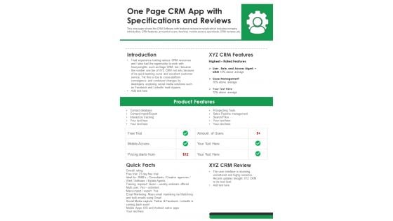 One Page CRM App With Specifications And Reviews PDF Document PPT Template