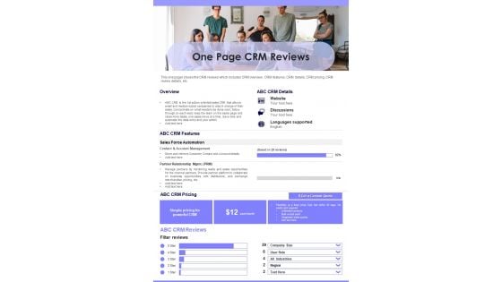 One Page CRM Reviews PDF Document PPT Template