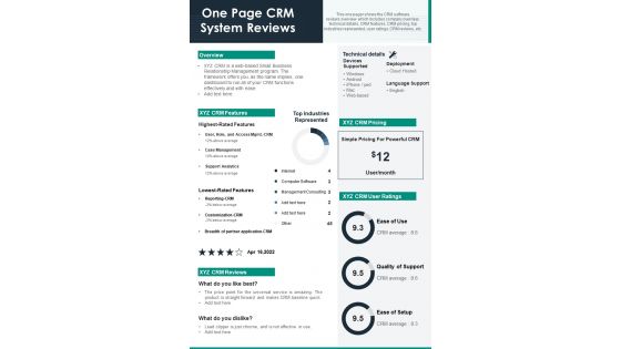 One Page CRM System Reviews PDF Document PPT Template