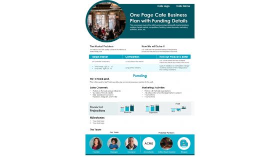 One Page Cafe Business Plan With Funding Details PDF Document PPT Template