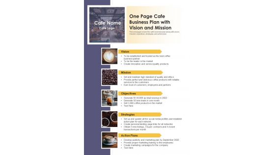 One Page Cafe Business Plan With Vision And Mission PDF Document PPT Template