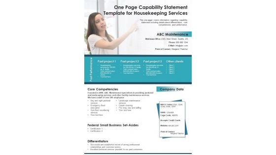 One Page Capability Statement Template For Housekeeping Services PDF Document PPT Template