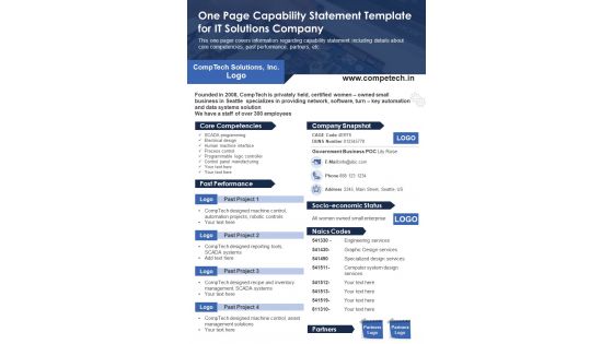 One Page Capability Statement Template For IT Solutions Company PDF Document PPT Template