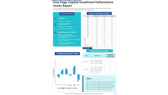 One Page Capital Investment Performance Yearly Report One Pager Documents