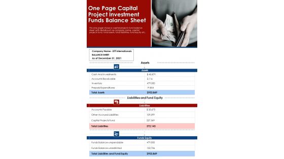 One Page Capital Project Investment Funds Balance Sheet PDF Document PPT Template