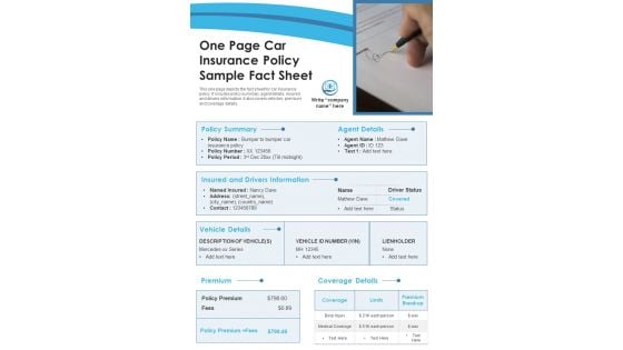 One Page Car Insurance Policy Sample Fact Sheet PDF Document PPT Template