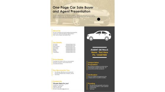 One Page Car Sale Buyer And Agent Presentation PDF Document PPT Template