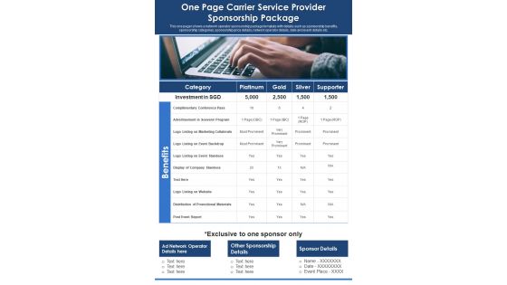 One Page Carrier Service Provider Sponsorship Package PDF Document PPT Template