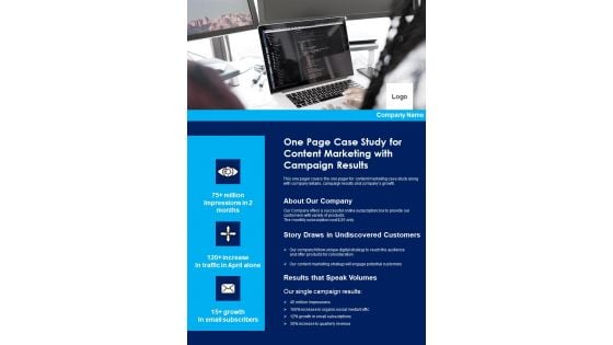 One Page Case Study For Content Marketing With Campaign Results PDF Document PPT Template