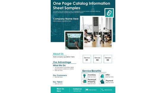 One Page Catalog Information Sheet Samples PDF Document PPT Template