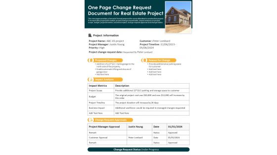 One Page Change Request Document For Real Estate Project PDF Document PPT Template
