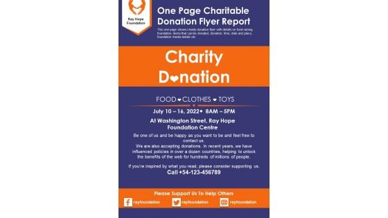 One Page Charitable Donation Flyer Report PDF Document PPT Template
