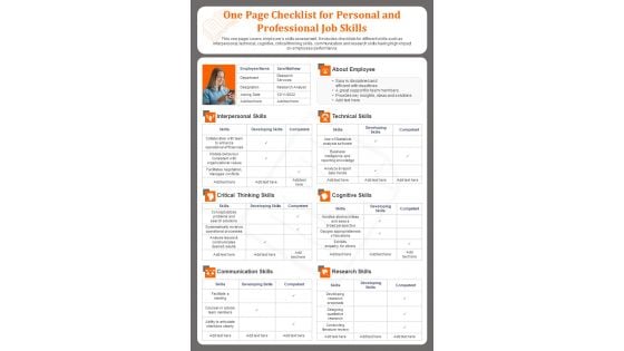 One Page Checklist For Personal And Professional Job Skills PDF Document PPT Template