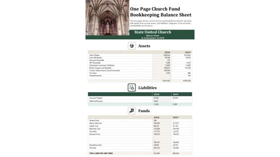 One Page Church Fund Bookkeeping Balance Sheet PDF Document PPT Template