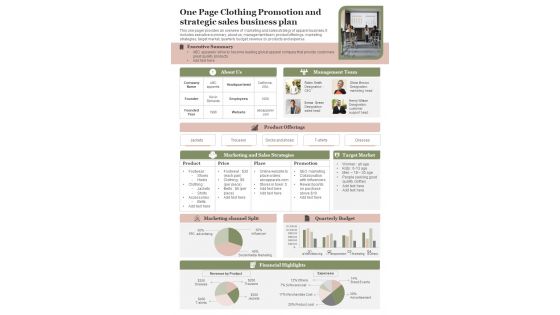 One Page Clothing Promotion And Strategic Sales Business Plan PDF Document PPT Template