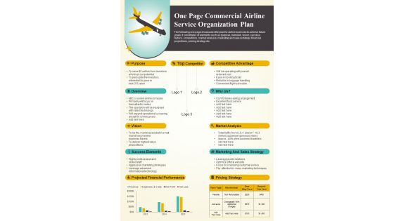 One Page Commercial Airline Service Organization Plan PDF Document PPT Template